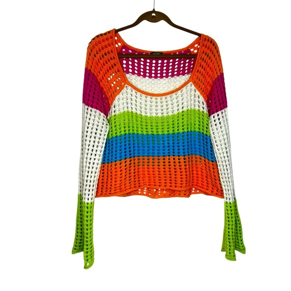 wild fable Sweaters - Crochet Top Women’s Large Hollow Out Long Sleeve Y2K Sweater Cropped High Low